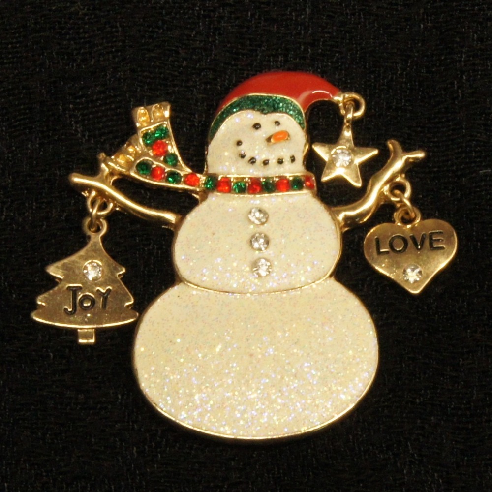 Christmas Snowman Brooch Dangle Charms JOY LOVE Glitter Holiday Pin